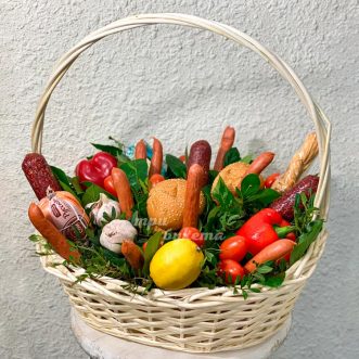 Корзина с колбасами и овощами